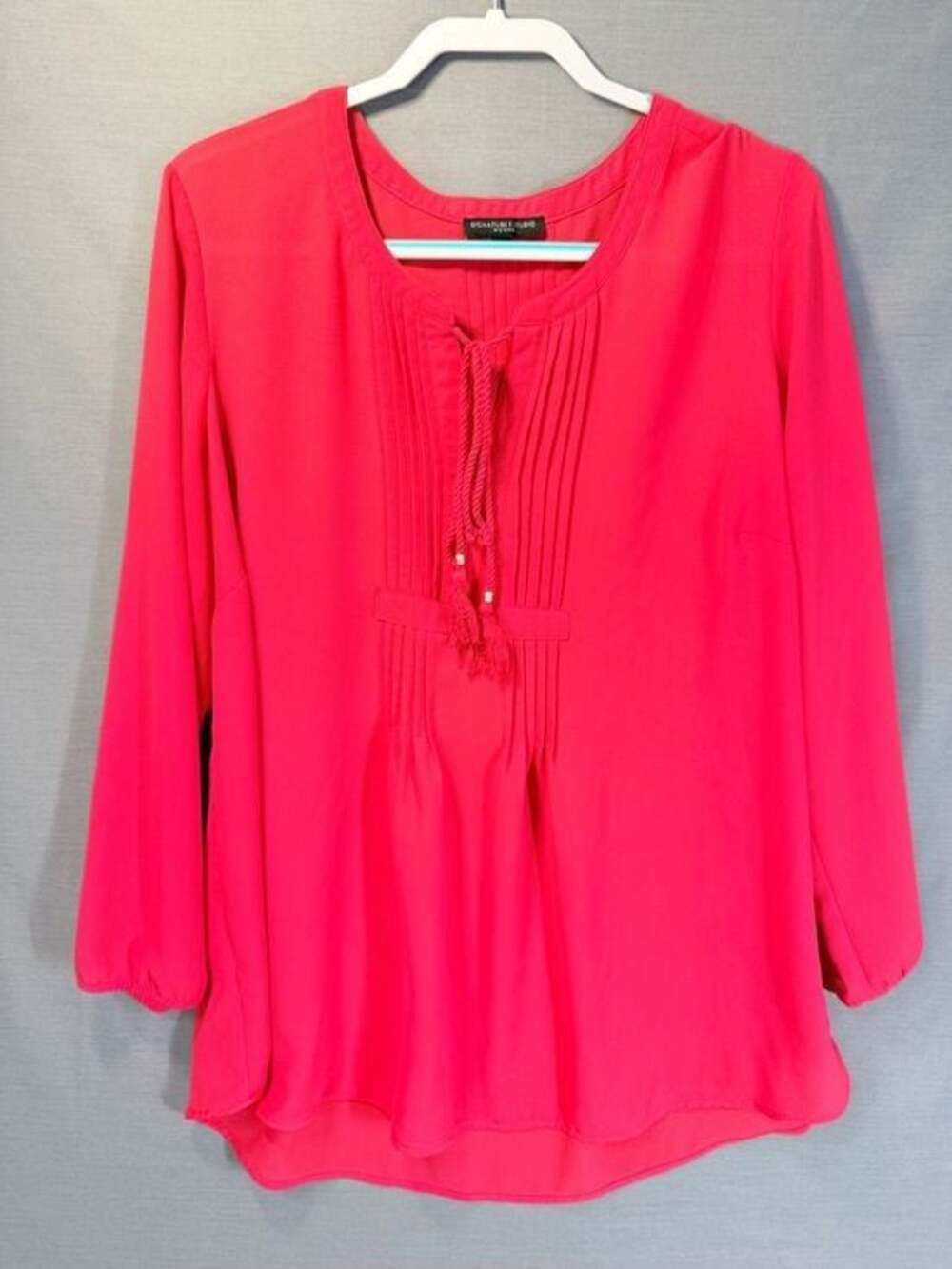 Signature Studio Bright Pink Pleated Boho Tunic Top Sheer Chiffon Blouse Size 2X